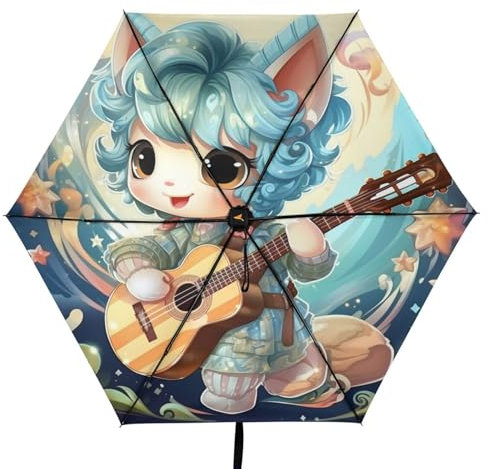 Linnyio Blaues Süßes Cartoon Musik Einhorn Taschenschirm, UV-Schutz, Kompakter Reiseschirm, Sonnenschutz für Jungen und Mädchen