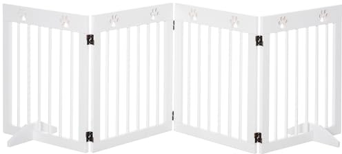 PawHut Absperrgitter Hund 4-teilig, 204 x 61 cm Faltbar Türschutzgitter mit 2 Stützfüßen, Freistehend Hundegitter, Treppengitter aus Holz für Flur, Treppe, Weiß