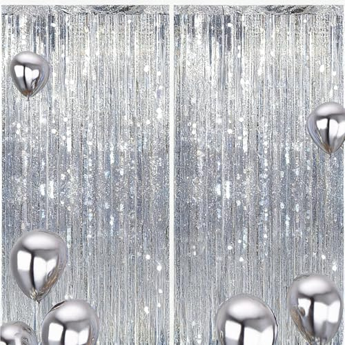 Lametta Vorhang Silber, 2.5M Glitzervorhang Silber Lametta Karneval Party Deko Vorhänge Luftschlangen Fransen Geburtstag Dekoration für Karneval Disco Party Weihnachten Party Deko