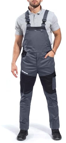 Stenso EOS Arbeitshosen Männer - Arbeitslatzhose Herren mit Stretch, Reflektierende Elemente, Verstellbare Elastische Träger, YKK-Reißverschluss, Seitliche Knöpfe, 3 Taschen, Dreifache Stiche Grau 64