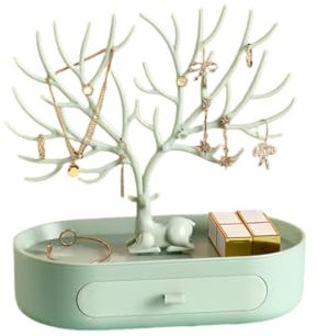 RYOLOY Antler Jewelry Display Rack with Drawers, Jewelry Rack Tree Stand Tower Organizer. for Earrings, Necklaces, Bracelets and Rings (green)
