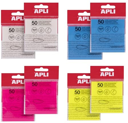 APLI 19900 - Confezione da 8 blocchetti adesivi trasparenti 75 x 75 mm in colori assortiti, 50 fogli traslucidi/bloc, impermeabili, per uso scolastico o ufficio