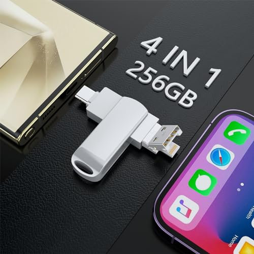 256G Flash Drive for iPhone - MFi Certified 4 in 1 Portable Type-C/Micro USB/Lightning/USB Stick External Storage for iPhone/iPad/Android/Smartphone/Laptop/PC