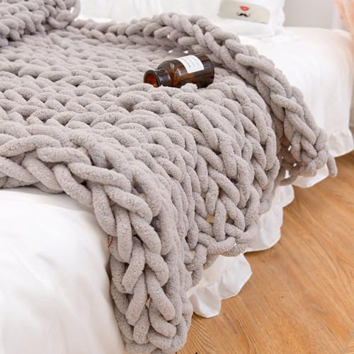 LUOZIQINX Grob Gestrickte Kuscheldecke, Chenille überwurf Strickdecke, Handgefertigt Kuscheldecke Grobstrick für Bett, Sofa, Stuhl,Light Brown,80x100cm
