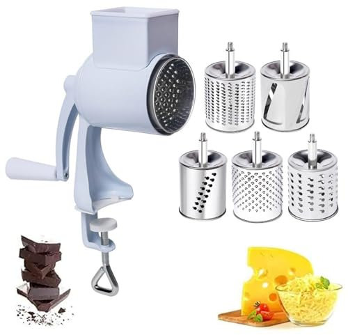 Tambor rallador de queso con 5 cuchillas de acero inoxidable, rallador giratorio multifuncional para queso, cereales, chocolate, verduras, frutas, picador manual de granos para uso en cocina