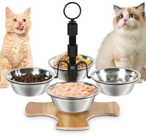Optyuwah katzennapf erhöht Futternapf Katze - Futternäpfe Katzen 4er Set katzennäpfe,Höhenverstellbar Fressnapf Katze mit Ständer Edelstahl Näpfe für Wasser Futter Katzen,kleine Hunde