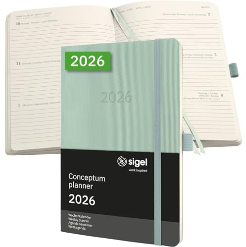SIGEL C2638 Wochenplaner Wochenkalender 2026, ca. A5, grün, Softcover, 192 Seiten, Gummiband, Stiftschlaufe, Archivtasche, aus nachhaltigem Papier, Kalenderbuch Conceptum