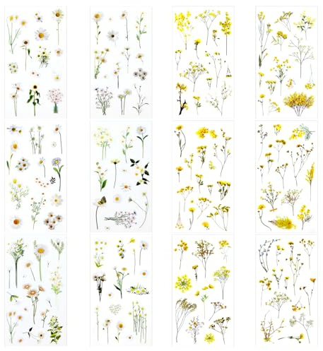 12 Stück Aufkleber, Buchaufkleber, Blumenaufkleber, Vintage-Aufkleber, Scrapbooking-Aufkleber, Naturpflanzenaufkleber zum Basteln von Karten, Tagebuch, DIY-Bastelarbeiten, Dekoration (helle Farbe)