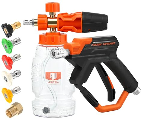 RIDGE WASHER Hochdruckreiniger-Pistole, Schaumkanone, 4000 PSI Schaumstoff-Blaster mit 6,35 mm Schnellanschluss, Edelstahl-Autowaschschaumpistole mit 5 Hochdruckreiniger-Düsenspitzen, 1 Liter