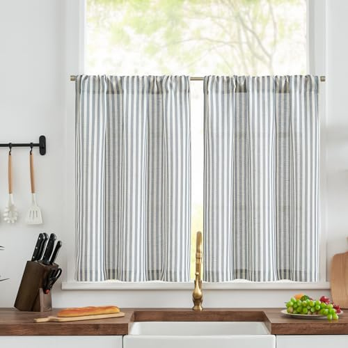 TOPICK Blue Striped Linen Look Kitchen Curtains 30 Inch Drop, Light Filtering Pinstripe Cafe Curtains, Rod Pocket Small Half Window 2 Panels for Bedroom, Living Room, Bathroom, Cupboard, W26 x L30