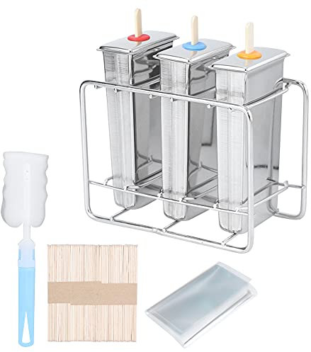 Moule à glace en acier inoxydable, 3 moules à glace en acier inoxydable avec 55 bâtons en bois et brosse de nettoyage (3 plaques plates consécutives à tête plate + acier inoxydable)