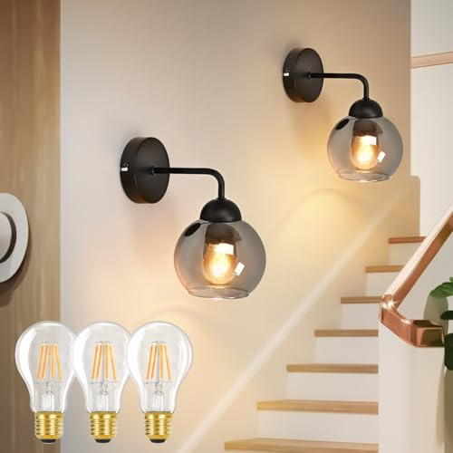 Kowanie 2er Wandlampe innen Vintage Wandleuchte E27: Wandbeleuchtung Wohnzimmer aus Glas Schwarz Flurlampe Wand inkl. 3 × 4W 2700 K Leuchtmittel Kugel Bettlampe für Schlafzimmer Küche