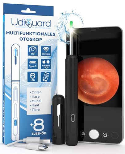 Otoscopio Limpiador de Oídos con Cámara 3,6mm 1920p WiFi Endoscopio de Oídos - UdiGuard Eliminación de Cerumen Digital 6 Luces LED Compatible con iPhone iPad y Android - Adultos Niños Perros Negro