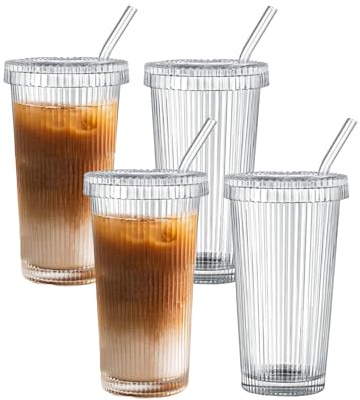 Henrrida Set aus 4 gestreiften Gläsern, 375ml Smoothie-Becher mit Deckeln und Strohhalmen für Eiskaffee, Cappuccino, Latte, Wasser, Eistee, blei-freies Glasgeschirr für zu Hause und im Büro