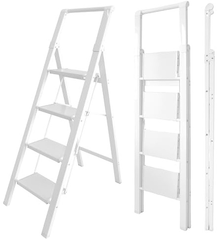 UZIRO Escaleras Plegables 4 Peldaños, Escalera de Aluminio 4 Peldaños Anchos, Sistema Antodeslizante, Muy Liviana y Facil de Guadar