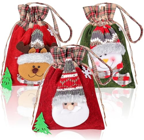 3 Stück Weihnachten Geschenkbeutel, 2025 upgrade Weihnachts Kordelzug Geschenktüte, Weihnachtstüten Stoff groß, Süßigkeiten Tüten mit Weihnachtsmann Schneemann Elch, Weihnachtssäckchen für Kinder