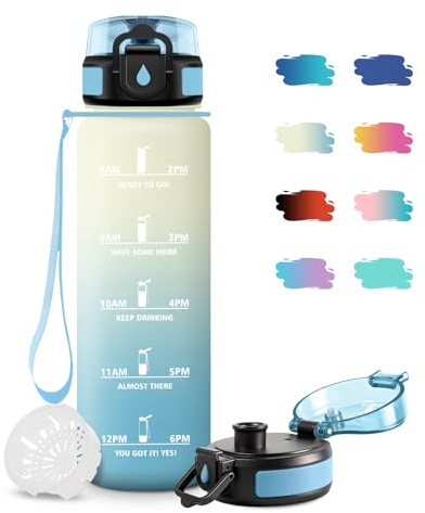 JAPORIA Borraccia 1 Litro, Bottiglia con Filtro, A Prova di Perdite, Borraccia senza BPA, Riutilizzabile, Bottiglia Motivazionale con Indicatore del Tempo, Borracce per Scuola, Ufficio, Campeggio
