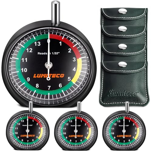 LUMITECO 4-Pack Tire Tread Depth Gauge, Dial Type Tire Depth Gauge Reads in 1/32 for Tread Wear, Professional Pocket Tire Gauge with Case for Truck, Motorcycle, Car and Bus Tyre in 32nds