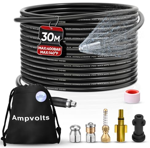 Ampvolts 30M Drain Cleaning Kit – Compatible with Karcher K2–K7 & Bosch AQT, 400 Bar / 5800 PSI Drain Jetting Hose, Includes 2 Adapters & 3 Nozzles, High Pressure Drain Unblocker