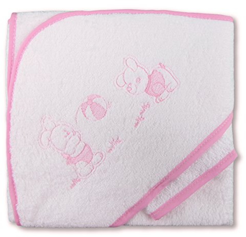 PEKITAS Baby-Badetuch mit Kapuze und Waschlappen, 75 x 75 cm, 90 % Baumwolle, 10 % Polyester, bestickt, hergestellt in Portugal