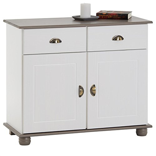 IDIMEX Kommode Colmar 90cm breit, Weiß/Taupe – schmales Sideboard im Landhausstil, 2 Türen und 2 Schubladen, Kiefer Massivholz, und Muschelgriffe aus Metall, ideal für Flur, Wohnzimmer oder Küche