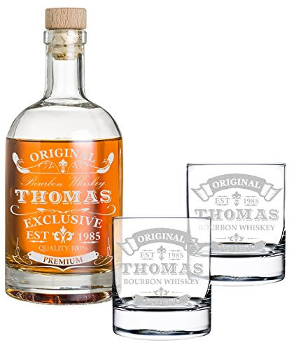 Cadeau 3 pièces avec Gravure - Bouteille de Whisky et Deux Verres de Whisky - Carafe en Verre Contenu: 700ml - idée Cadeau pour Les Hommes - Motive Exclusive,