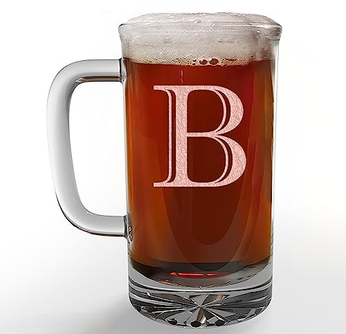 Etched Monogram 16oz Glass Beer Mug (Letter B), A-Z Customized Beer Gifts for Men, Father's Day, Personalized Beer Glasses, Custom Engraved Birthday Gifts for Him, Initial, Name, Husband Dad