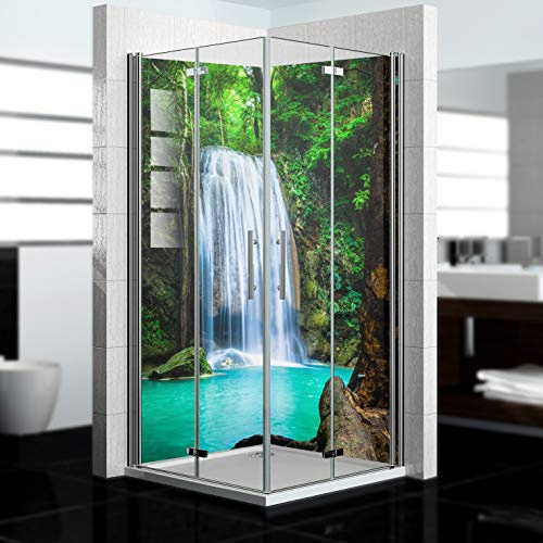 dedeco Eck-Duschrückwand wasserfest mit Wasserfall Motiv UV-Lack matt - 2 x 90x200 cm, als Badrückwand zum Fliesenersatz, als Dekorwand, Wandverkleidung und Duschplatte aus Aluminium - Made in Germany