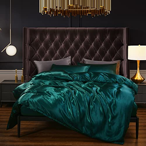 Ydtwnyq 3 PCS Dark Green Satin Silky Duvet Cover King Size Luxury Silky Bedding Set Super Soft Solid Color 102x90 Duvet Cover,2 Pillowcases(King,Dark Green)