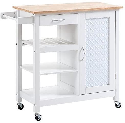 HOMCOM Kitchen Trolley, Kitchen Island on Wheels with Embossed Door Panel, Utility Kitchen Cart with 3 Storage Shelves, White
