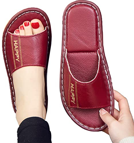 Tofflor Herr Kvinnors Grace Slide Tofflor, Inomhus Tofflor Öppna Tåskor, Äkta Kohud Läder Tofflor Sandaler Non Slip Hem Sovrum Skor (Color : Dark red, Size : EUR37-38)