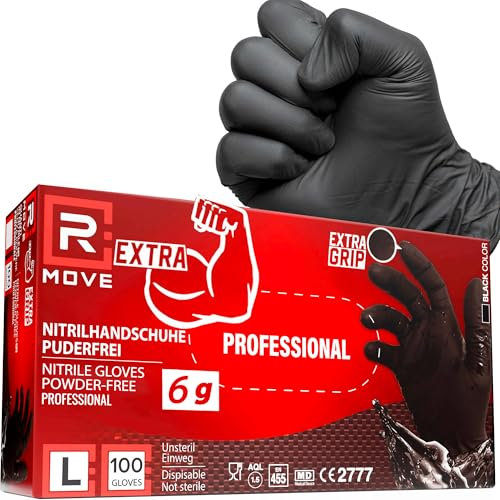 R MOVE 100 gants en nitrile jetables noirs taille L, 6g extra résistants +60% d’épaisseur au niveau des doigts par rapport aux gants 3,5 g, non poudrés, sans latex (L)