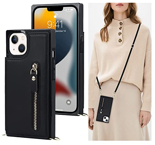 SINQERISHT Handykette Handyhülle für Samsung Galaxy S10 Plus Hülle PU Klapphülle Brieftasche Kartenfächer Case mit Kordel Kette Standfunktion und Magnetverschluss Schutzhülle(Schwarz)