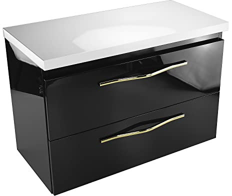 paplinskimoebel - Waschbeckenunterschrank mit Aufsatz 80 cm Breit Girona, Badezimmerschrank mit Aufsatz, Unterschrank für Aufsatzwaschbecken, Waschtischunterschrank Hochglanz - Schwarz/Weiß
