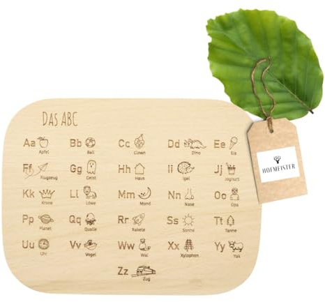 HOFMEISTER® Lernbrettchen aus heimischem Buchen-Holz, rechteckig, mit Motiven zum Thema Lernen (Alphabet, 1)