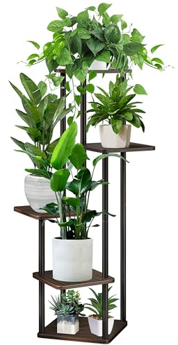 YOCOMEY Supporto per piante alto in legno a 5 ripiani, in metallo, per interni, più vasi di fiori, mensole angolari, scaffale per fioriere, organizer per patio, soggiorno, balcone, giardino (rovere