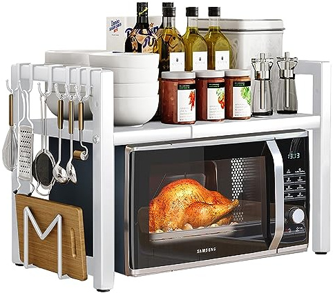 Expandable Microwave Oven Rack 2 Tier microwave shelf, Adjustable Carbon Steel Microwave Shelf,with 6 hooks Kitchen Counter Organizer Shelf Stand,Pot Pan Grill Storage Racks, Width 40-64cm white
