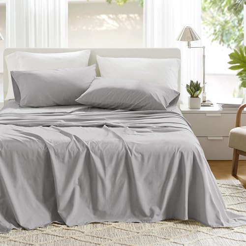 Comfort Spaces Bäddset, 100% bomull, ventilerande, lätta, mjuka, 30 cm elastisk ficka för madrasser upp till 36 cm, mysiga, alla årstider, matchande örngott, twin size, grå, 3 delar