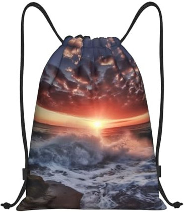 YoupO Sea Spray and Sunrise Print Drawstring Backpack Bags Waterproof Sports Sackpack Cinch Gym Bag for Women Men S