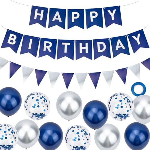 Navy Blue Happy Birthday Banner Balloons, Happy Birthday Decorations for Men and Boys, Bunting with Latex Balloons for Birthday Party Decorations.