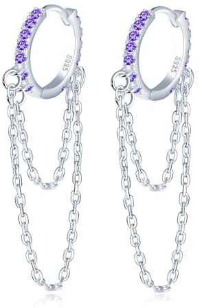 Doppia Catena Penzolante Orecchini Cerchio con Zirconi,Orecchini Donna Argento 925,Catena Lunga Appesa Orecchini Ipoallergici per Donne Mamma Amica Moglie Sorella Figlia Regalo di Compleanno Viola