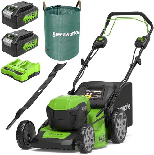 Greenworks 48V (2x24V) Selbstfahrender Akku Rasenmäher, 46cm Schnittbreite, 2X4Ah-Akkus und Doppelladegerät GD24X2LM46SPK4X + Greenworks 46cm Ersatzmesser + Greenworks120l Gartenabfallsack