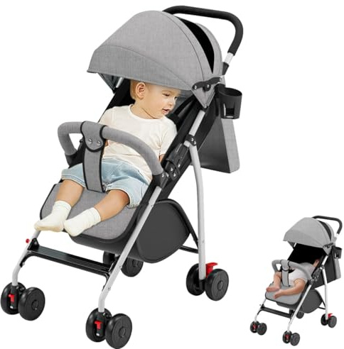 OHMG Kinderwagen 25kg, 0-4 Jahre, faltbar, verstellbar, Rückenstütze zum Liegen, mit Korb, Schnellfaltsystem, Moskitonetz, Schultergurt