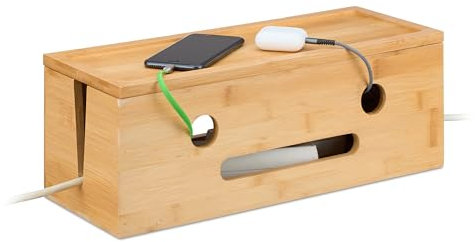 Relaxdays Kabelbox für 2 Steckdosenleisten, Bambus, HxBxT: 15,5 x 42 x 16 cm, Kabel verstecken, Steckdosenbox, Natur