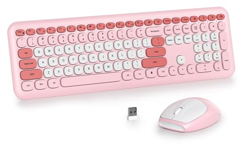 SOLIDEE Buntes kabellose Tastatur und Maus-Kombination,2.4GHz Retro Schreibmaschine Tastatur,104 Tasten in voller mit Ziffernblock,Leise membran (Amerikanisch QWERTY)(Pro Pink)