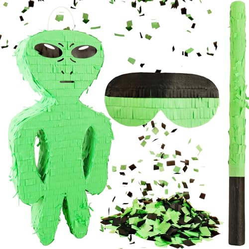 Halloween Alien Piñata Alien Shaped Piñata with Blindfold Stick Confetti and Hanging Loop for Kids Halloween Alien Theme Birthday Party Fun Decoration 17 x 7.9 x 2.8 Inches