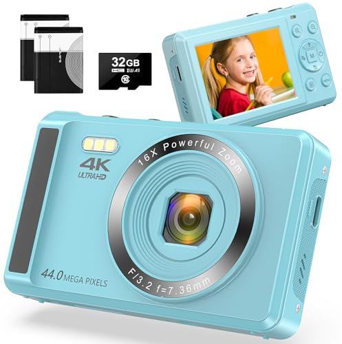 Digitalkamera 4K FHD Vlogging-Kamera, 64 MP Autofokus-Kompaktkamera mit 16-fachem Digitalzoom, wiederaufladbare 2,4-Zoll-Mini-Kinderkamera mit 32 GB Speicherkarte
