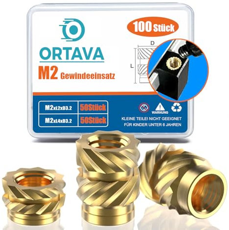 ORTAVA M2 Gewindeeinsatz, 100 Stück Einpressmuttern (M2x2x3,2mm+M2x4x3,2mm) für Kunststoffteile, Messing Einschmelzgewinde, Threaded inserts für Durch Wärme Einschmelzen in 3D-Druck-Teile