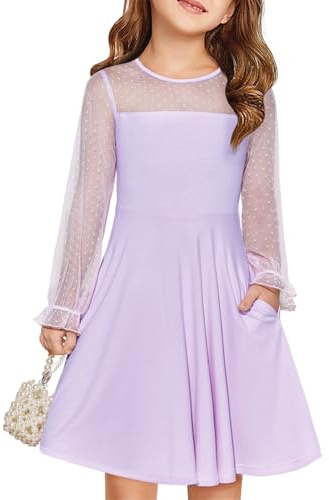 Haloumoning Robe de princesse festive pour fille - En maille contrastée - Manches longues bouffantes - Robe d'été élégante - Ligne A - Col rond - Avec poches - Pour 6-14 ans