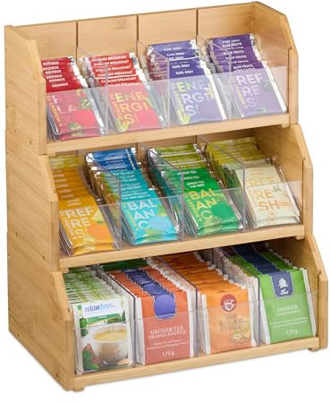 Relaxdays Scatola Organizer con 12 Scomparti Porta Bustine da tè e Tisane, HLP 36x31x19 cm, Cassetta in bambù, Naturale, Plastica